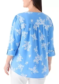 Plus 3/4 Puff Sleeves Woven Henley Top