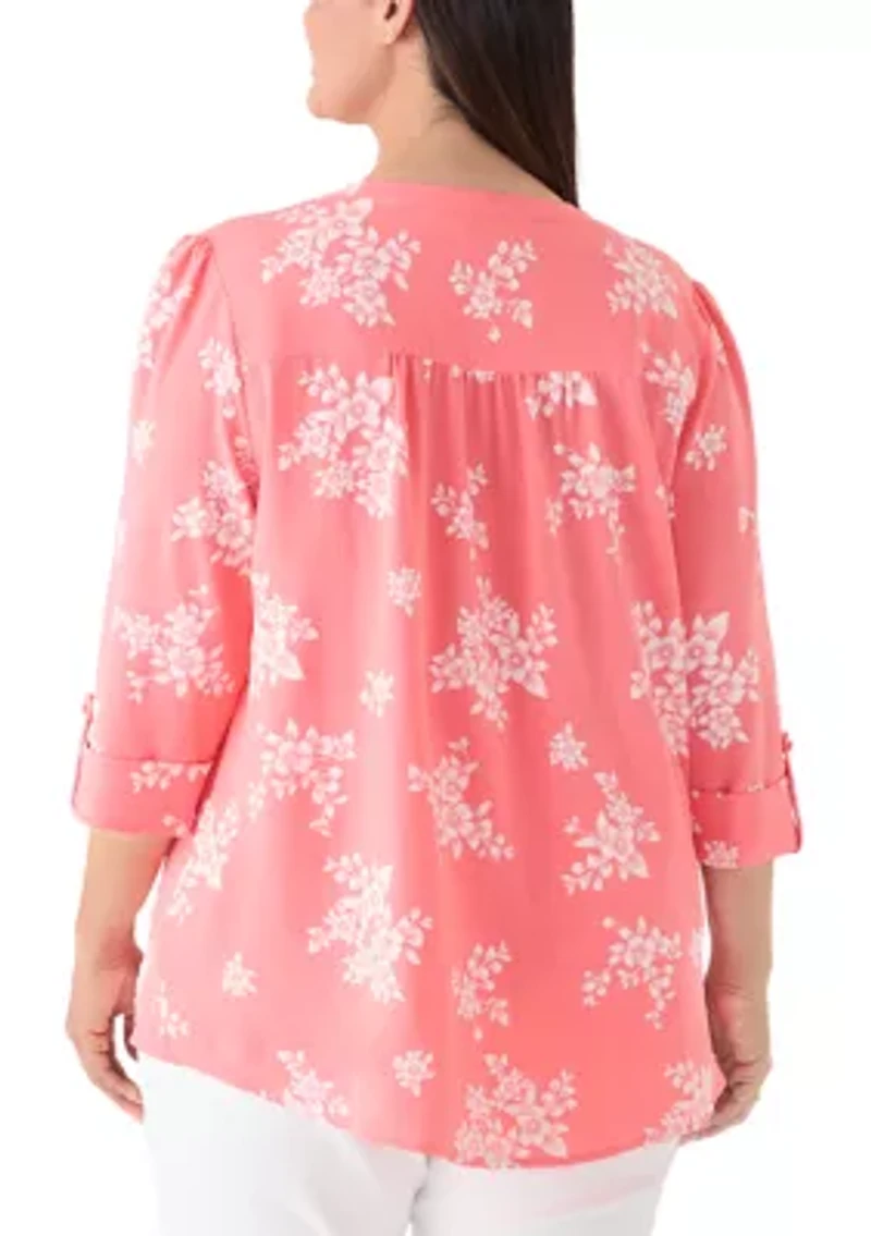 Plus 3/4 Puff Sleeves Woven Henley Top