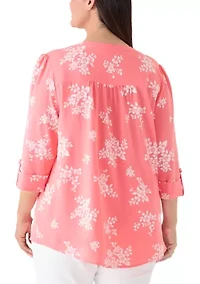 Plus 3/4 Puff Sleeves Woven Henley Top