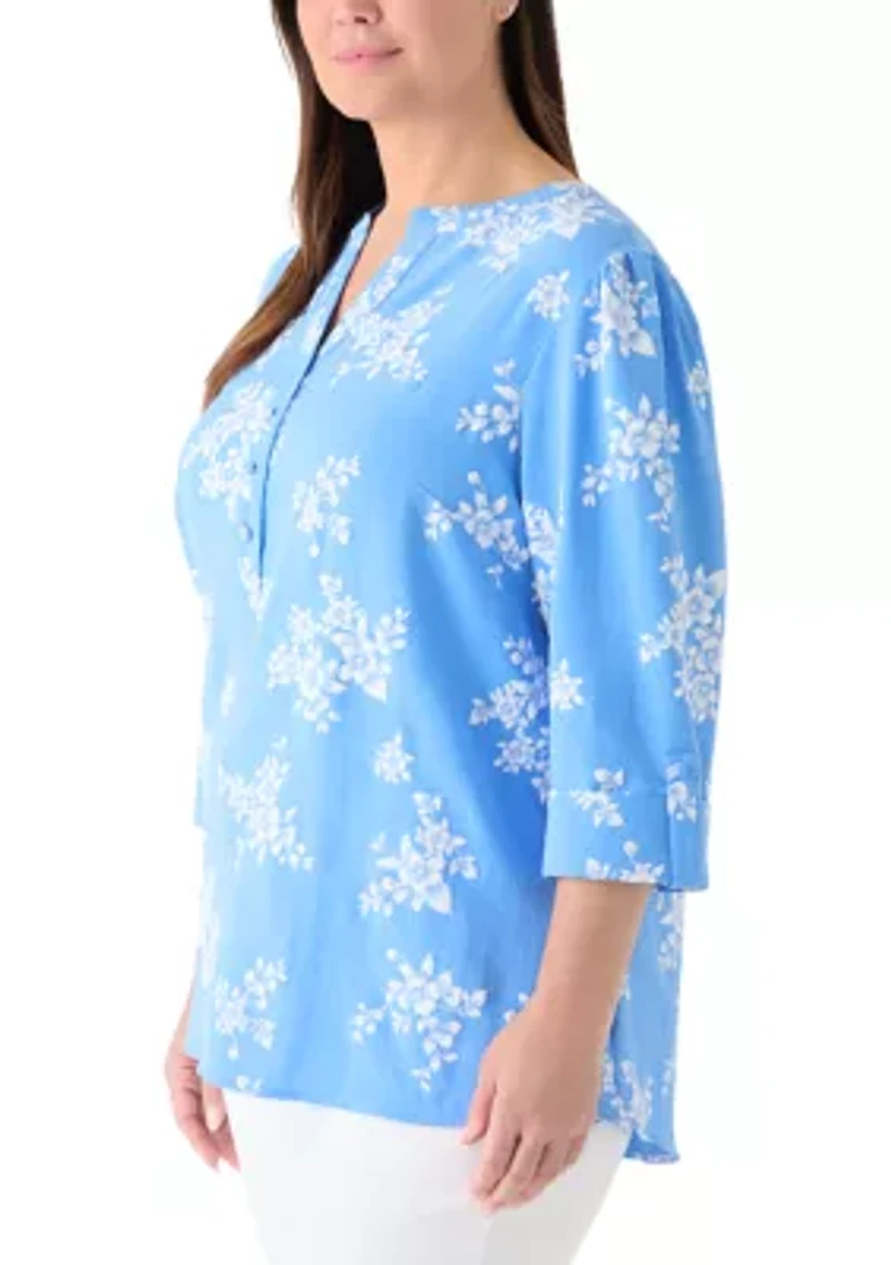 Plus 3/4 Puff Sleeves Woven Henley Top