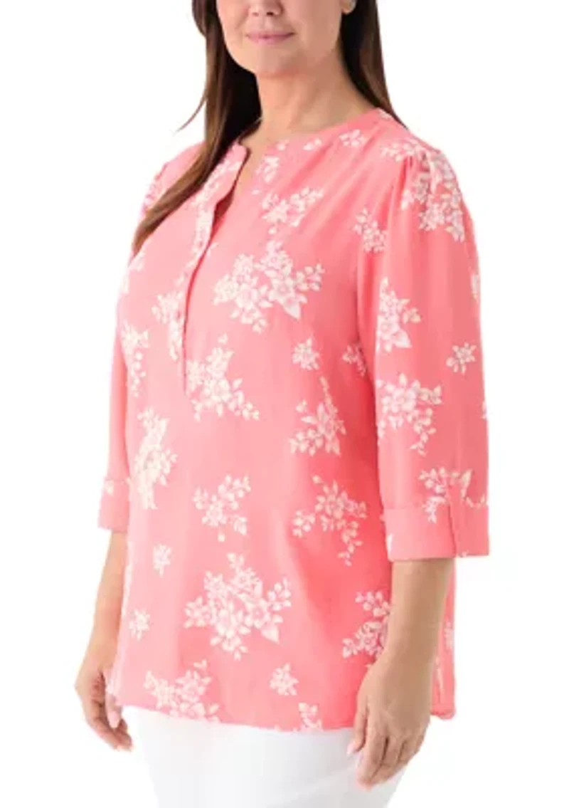 Plus 3/4 Puff Sleeves Woven Henley Top