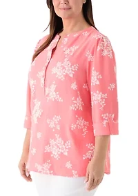 Plus 3/4 Puff Sleeves Woven Henley Top