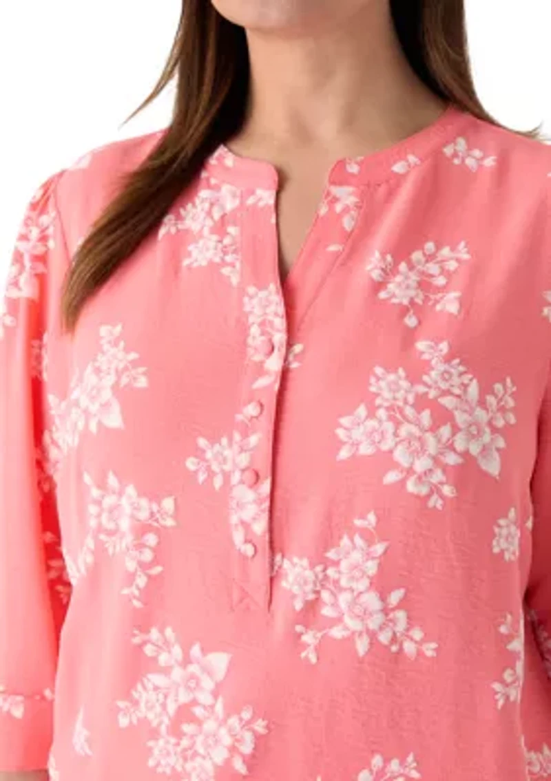 Plus 3/4 Puff Sleeves Woven Henley Top