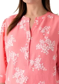 Plus 3/4 Puff Sleeves Woven Henley Top