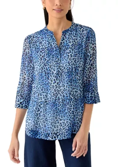 Petite Three-Quarter Sleeve Woven Henley Top with Trim