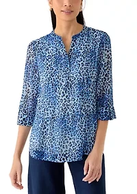 Petite Three-Quarter Sleeve Woven Henley Top with Trim