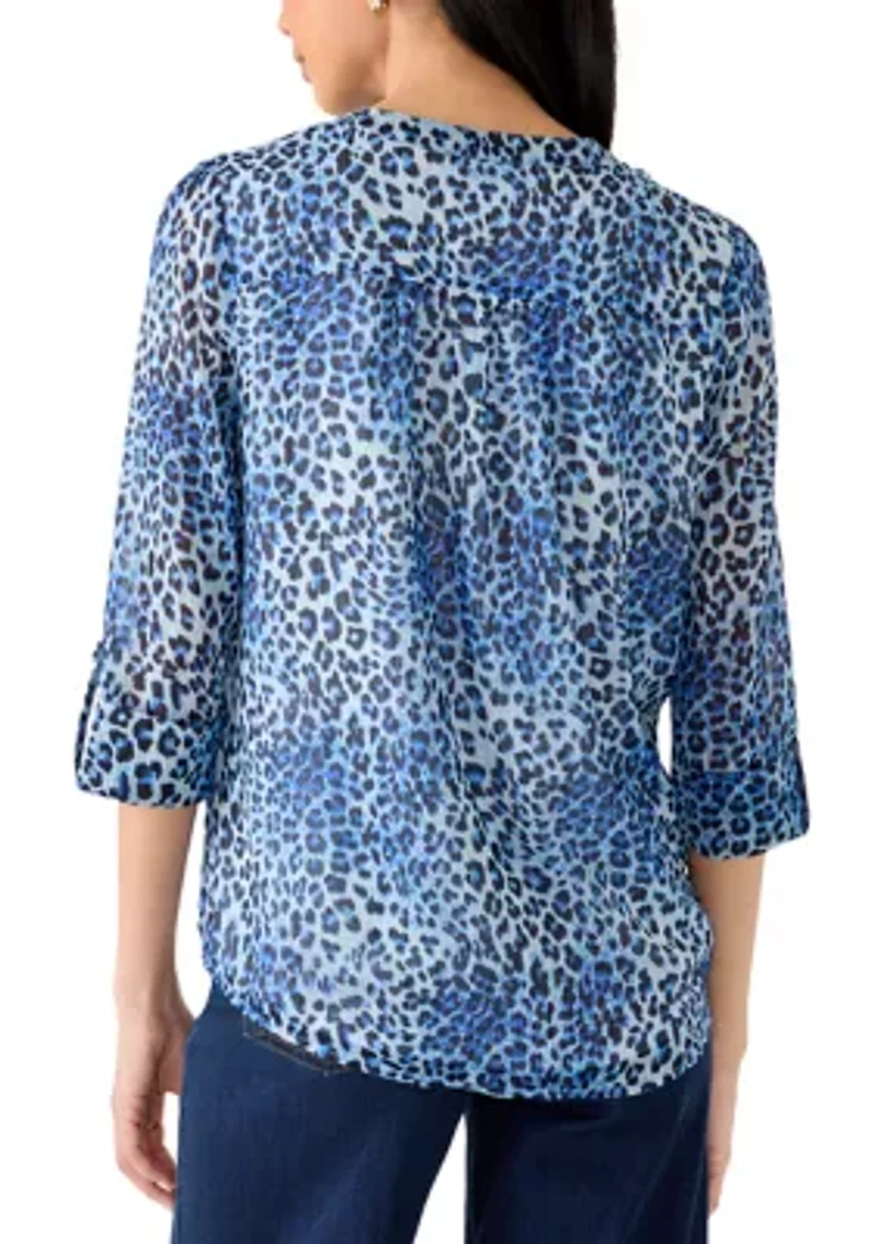 Petite Three-Quarter Sleeve Woven Henley Top with Trim