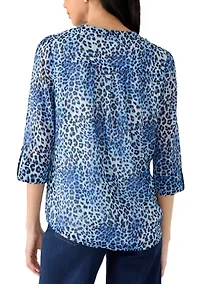 Petite Three-Quarter Sleeve Woven Henley Top with Trim