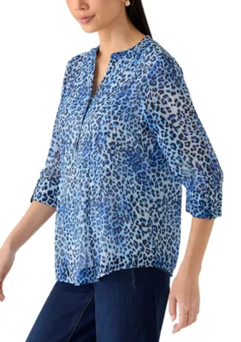 Petite Three-Quarter Sleeve Woven Henley Top with Trim