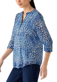 Petite Three-Quarter Sleeve Woven Henley Top with Trim