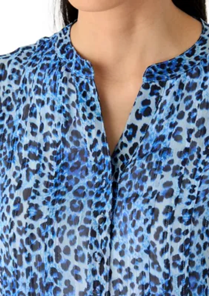 Petite Three-Quarter Sleeve Woven Henley Top with Trim