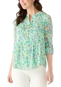 Petite 3/4 Sleeve Woven Henley Blouse with Trim