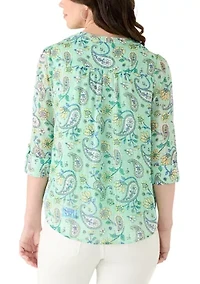 Petite 3/4 Sleeve Woven Henley Blouse with Trim