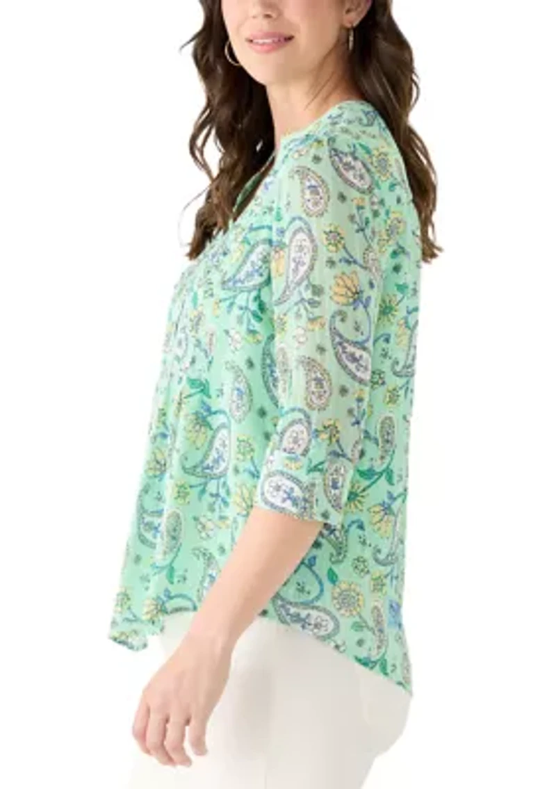 Petite 3/4 Sleeve Woven Henley Blouse with Trim