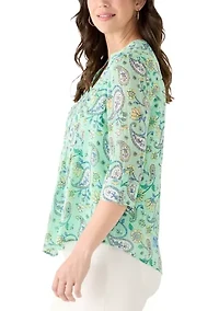 Petite 3/4 Sleeve Woven Henley Blouse with Trim