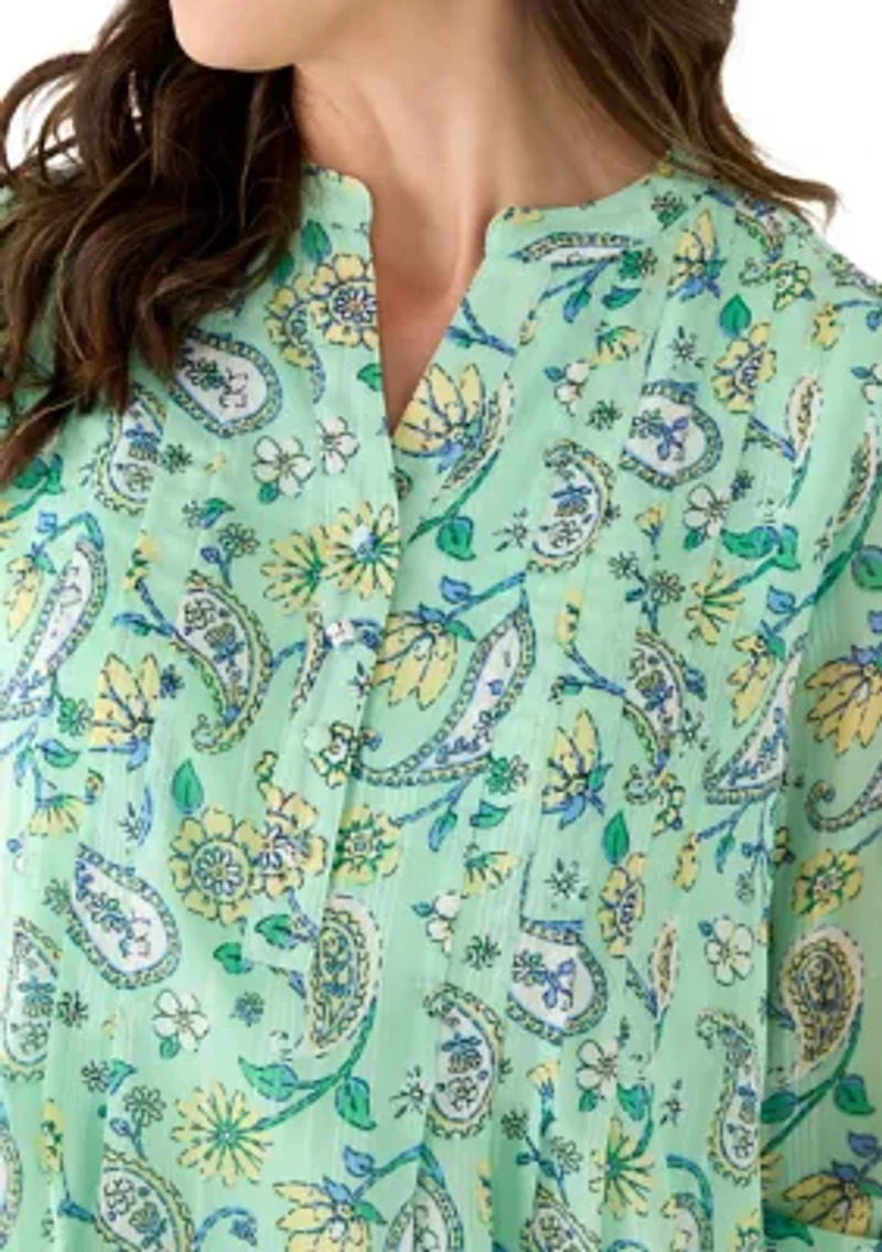 Petite 3/4 Sleeve Woven Henley Blouse with Trim