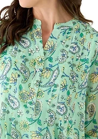 Petite 3/4 Sleeve Woven Henley Blouse with Trim