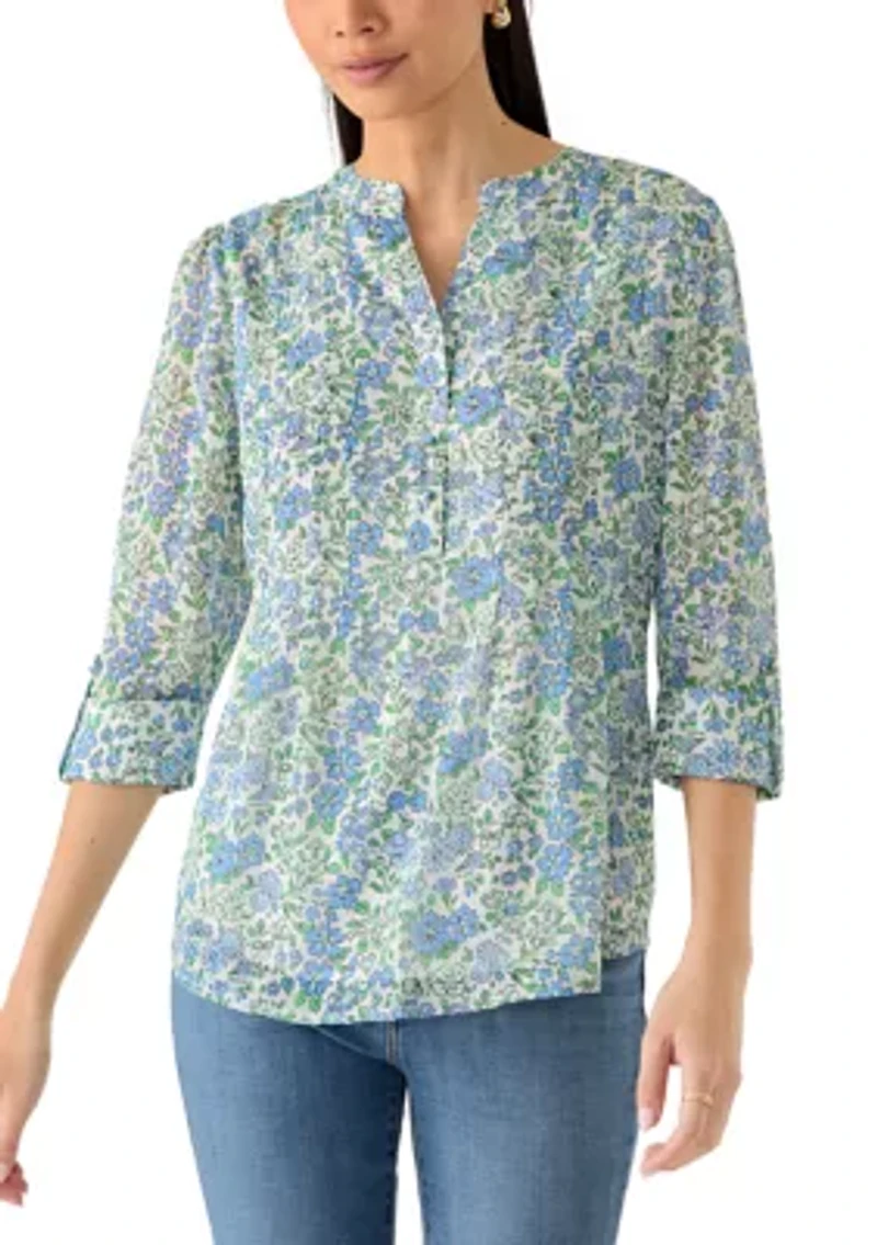 Petite Three-Quarter Sleeve Woven Henley Top with Trim