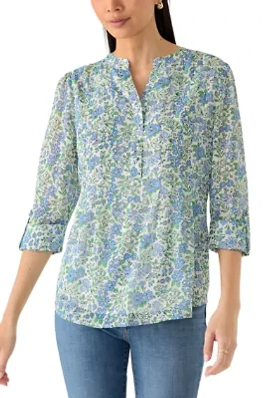 Petite Three-Quarter Sleeve Woven Henley Top with Trim