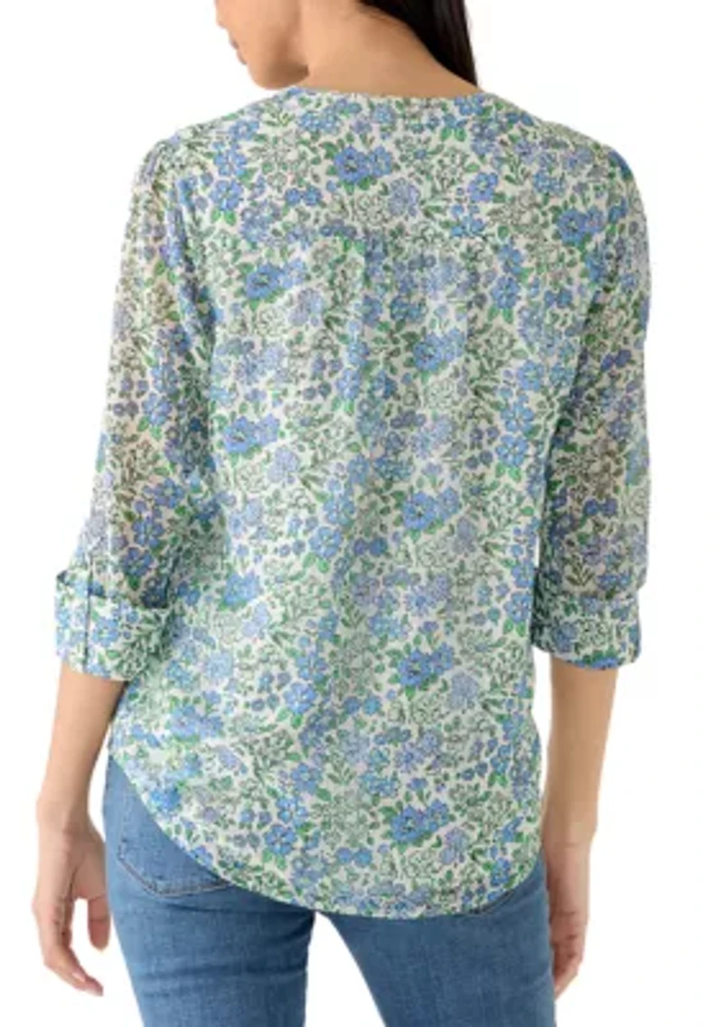 Petite Three-Quarter Sleeve Woven Henley Top with Trim