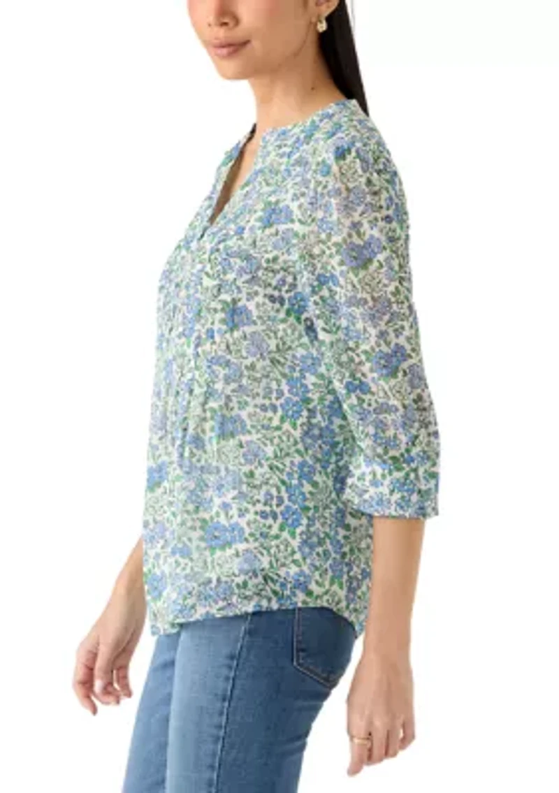 Petite Three-Quarter Sleeve Woven Henley Top with Trim