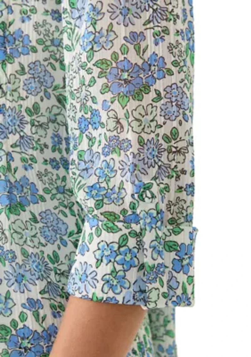 Petite Three-Quarter Sleeve Woven Henley Top with Trim