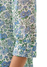 Petite Three-Quarter Sleeve Woven Henley Top with Trim