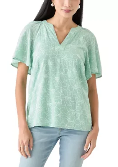 Petite Short Sleeve Printed Woven Top