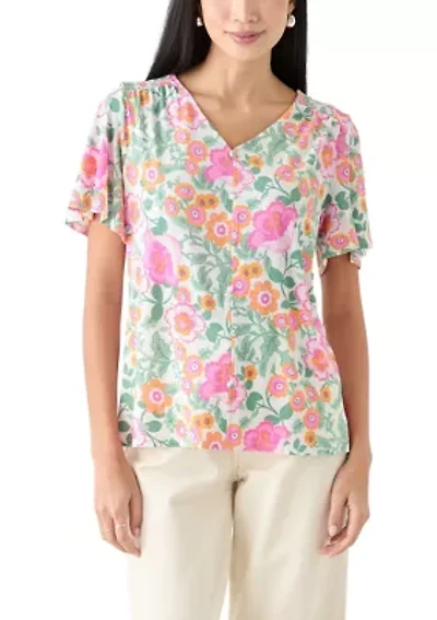 Petite Printed Button Front V-Neck Top