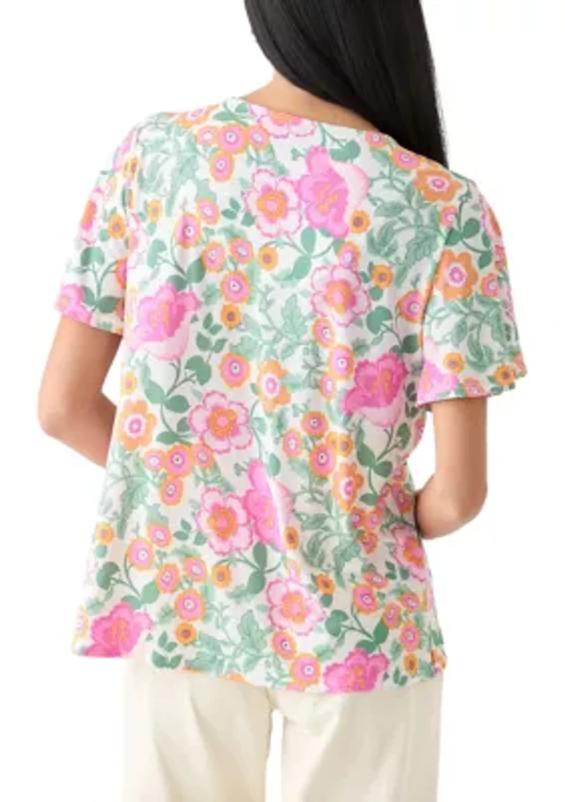 Petite Printed Button Front V-Neck Top