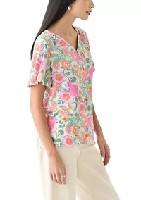 Petite Printed Button Front V-Neck Top
