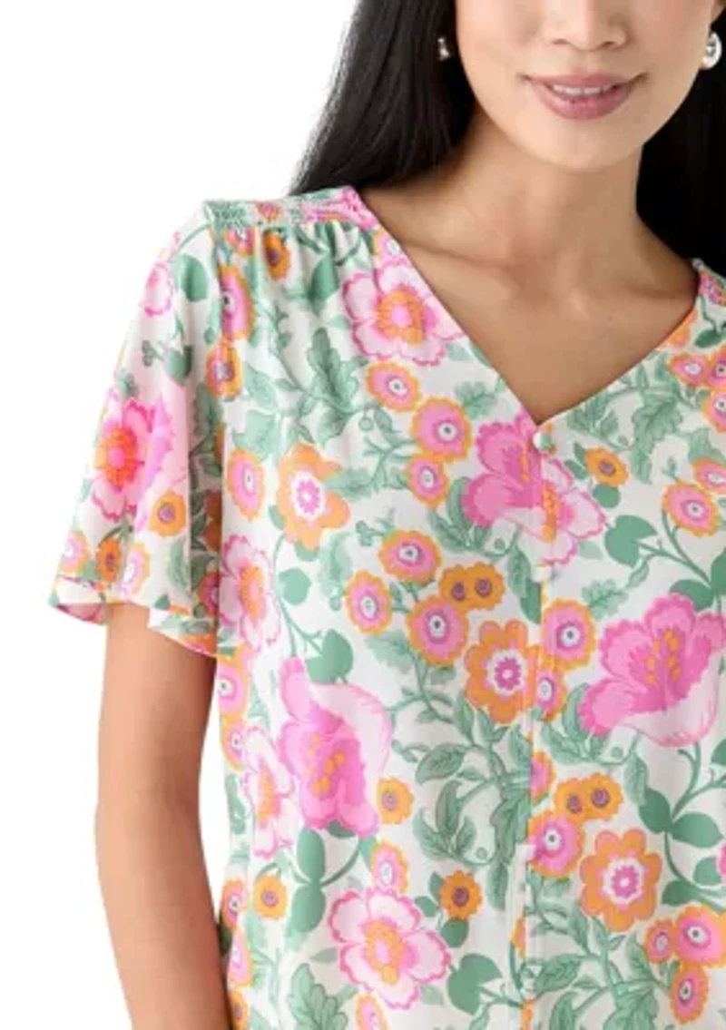 Petite Printed Button Front V-Neck Top