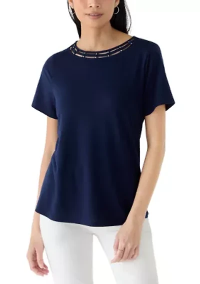 Petite Short Sleeve Neck Detail Shirt