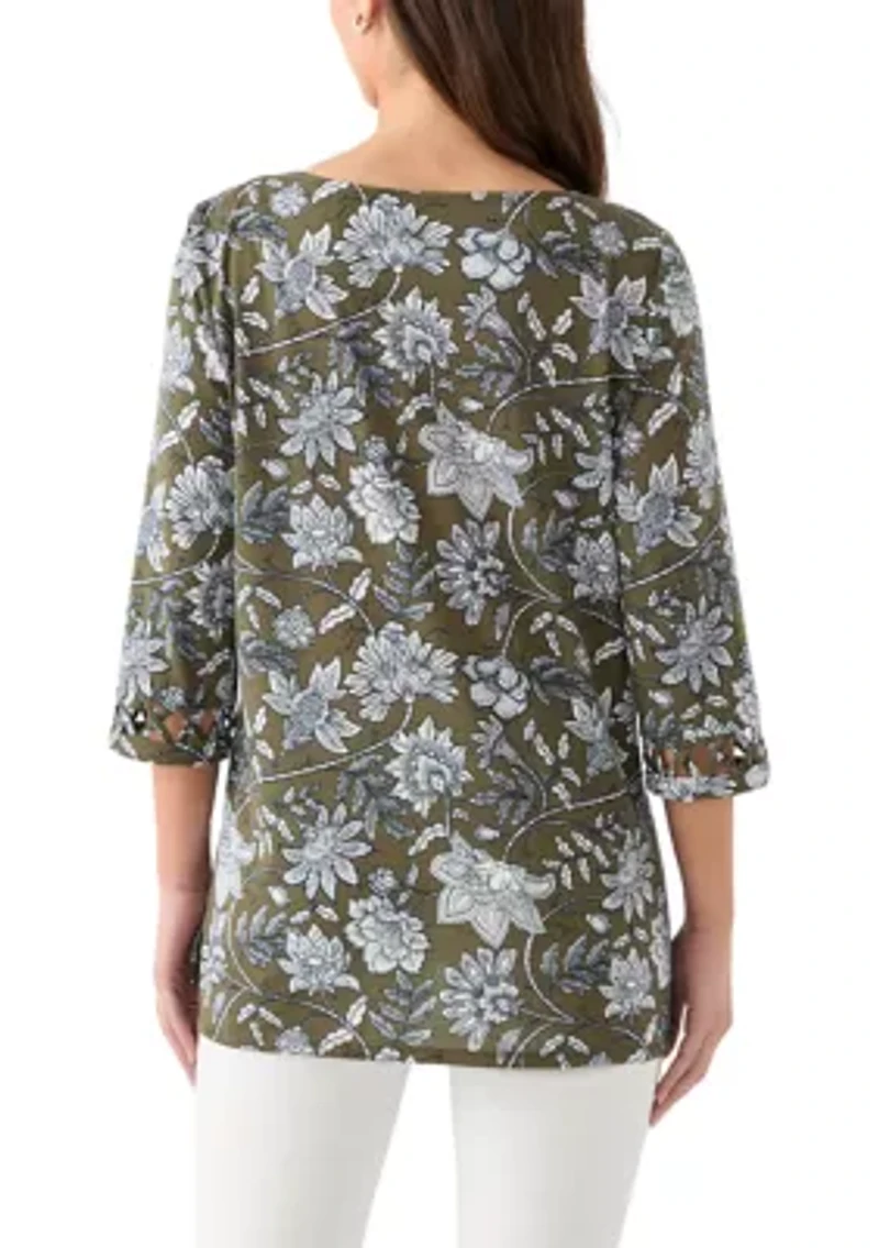 Petite Lattice Cuff Printed T-Shirt