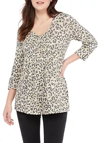 Petite 3/4 Roll Tab Sleeve Honeycomb Leopard Top