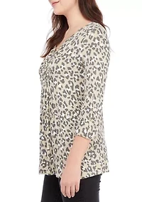 Petite 3/4 Roll Tab Sleeve Honeycomb Leopard Top
