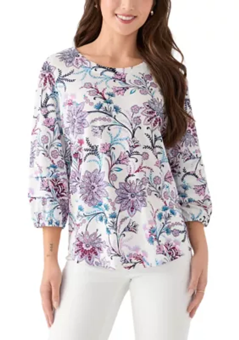 Petite 3/4 Pleated Sleeve Printed Shirt