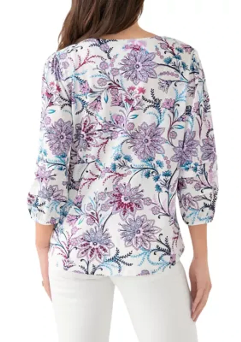 Petite 3/4 Pleated Sleeve Printed Shirt