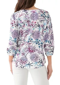 Petite 3/4 Pleated Sleeve Printed Shirt