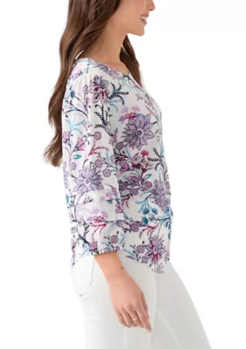 Petite 3/4 Pleated Sleeve Printed Shirt