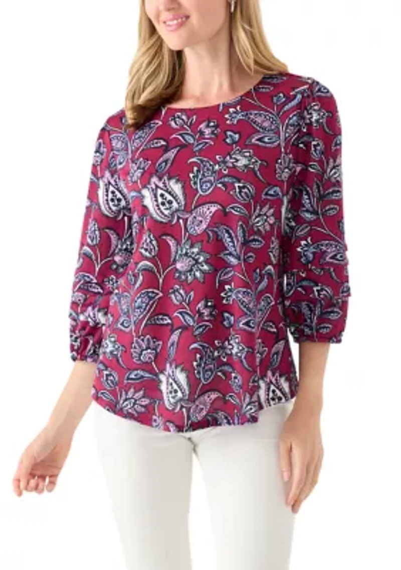 Petite 3/4 Pleated Sleeve Printed Shirt