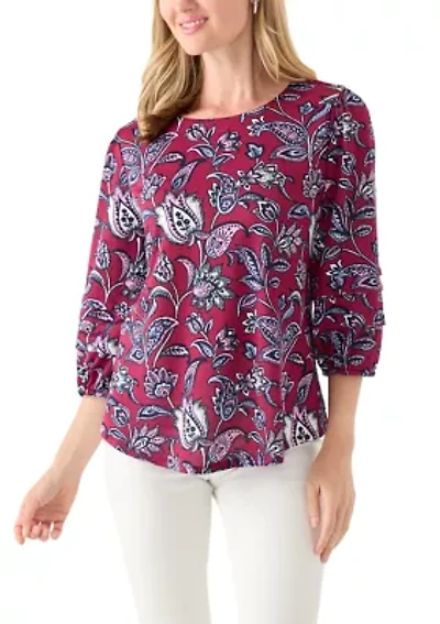 Petite 3/4 Pleated Sleeve Printed Shirt