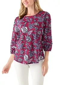 Petite 3/4 Pleated Sleeve Printed Shirt