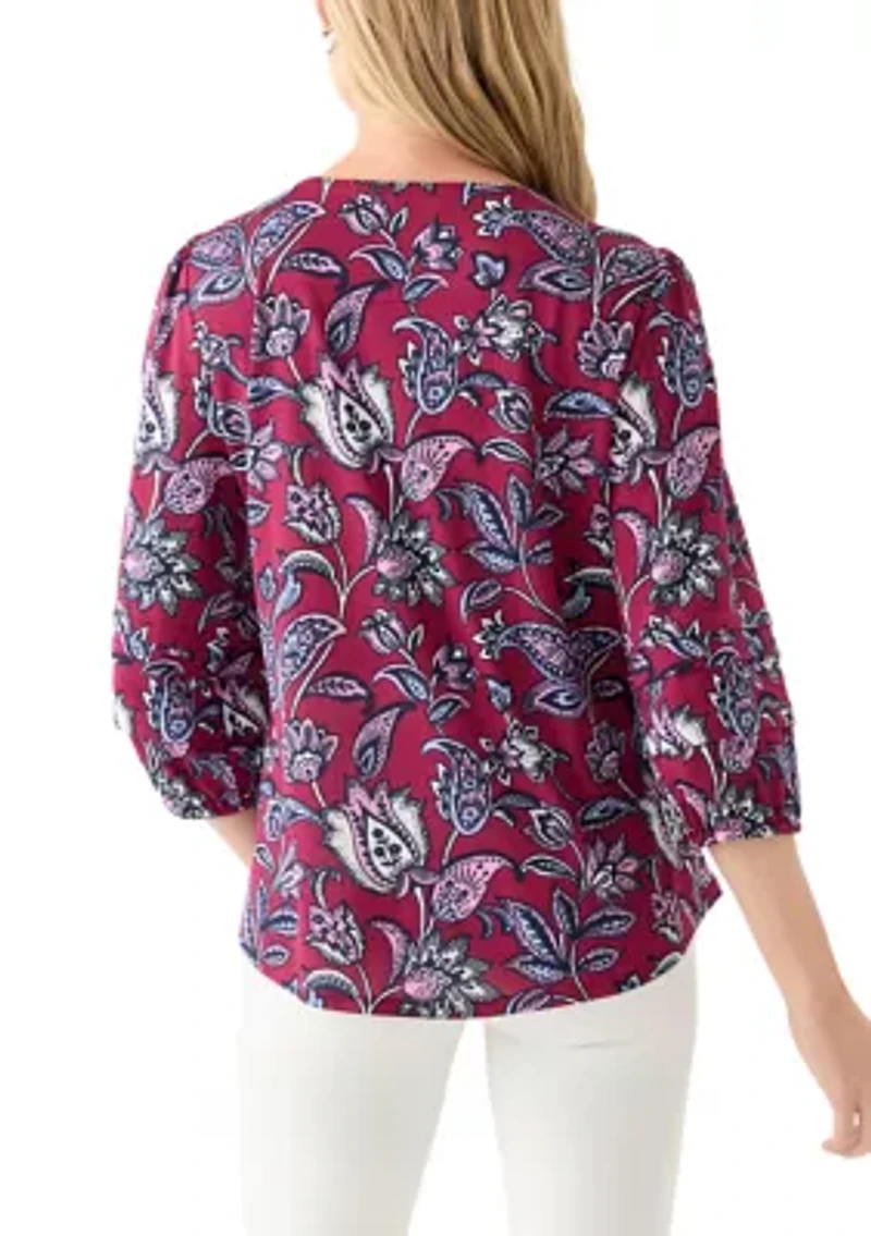Petite 3/4 Pleated Sleeve Printed Shirt