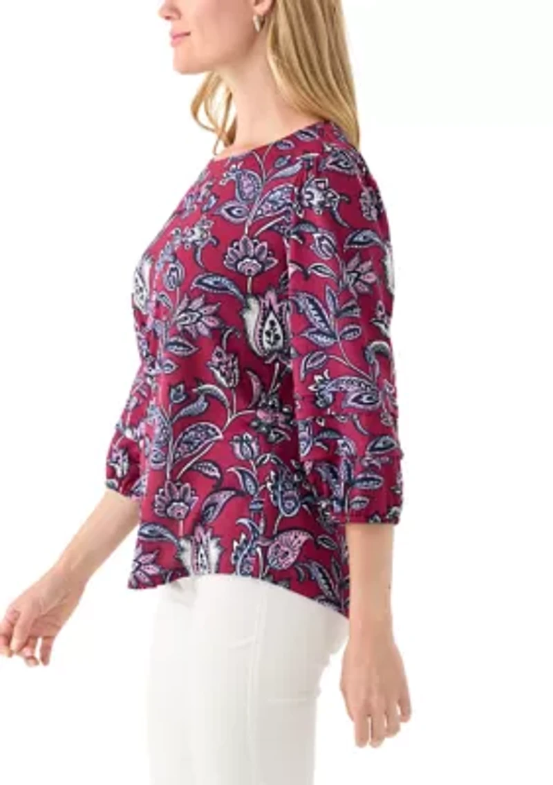 Petite 3/4 Pleated Sleeve Printed Shirt