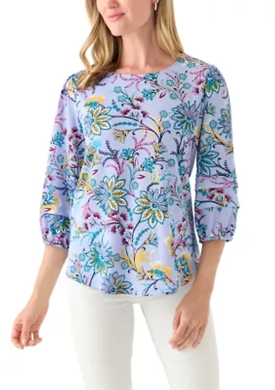 Petite Three-Quarter Sleeve Pleat Knit Blouse
