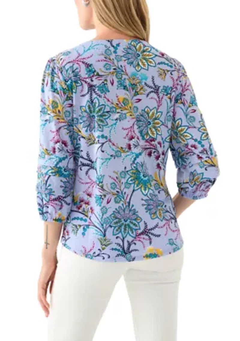 Petite Three-Quarter Sleeve Pleat Knit Blouse