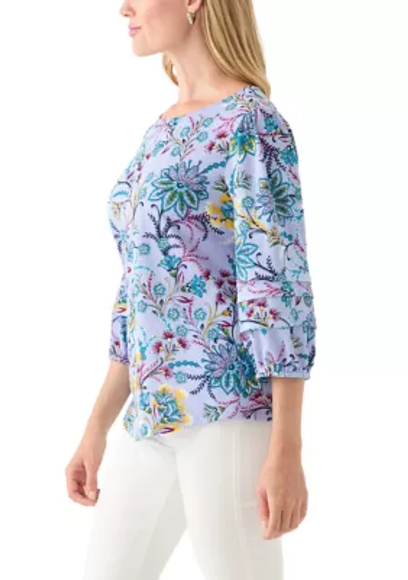 Petite Three-Quarter Sleeve Pleat Knit Blouse