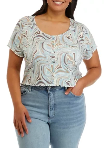 Plus Short Sleeve Printed Henley Top