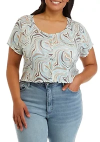 Plus Short Sleeve Printed Henley Top